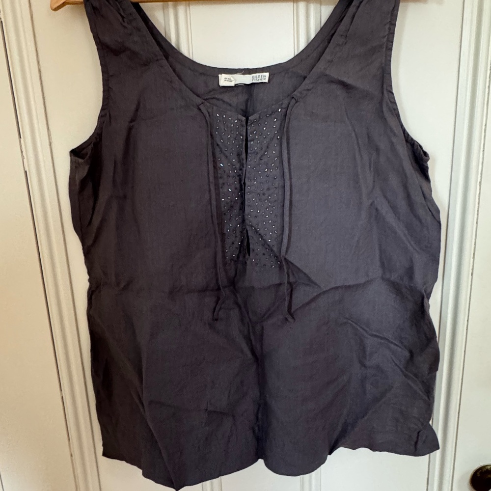 Eileen Fisher Irish Linen Beaded Tank Top Gray Size M